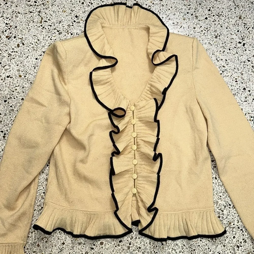 St John yellow black ruffle knit cardigan sweater 6_3